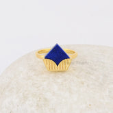 Diamond Shape Lapis Lazuli Gemstone Ring, Micron Gold Plated Silver Ring, Designer Wedding Gift for Her, Delicate Ring, Lapis Cup Cake Ring